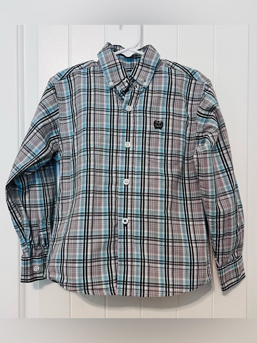 Cinch Boys Plaid Button-Down Shirt in Light Blue, Gray and Black
